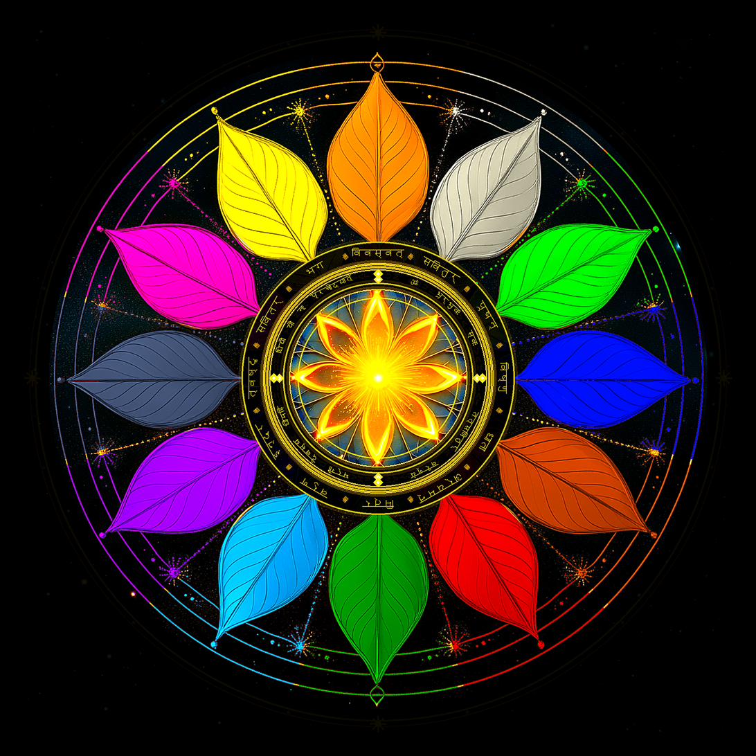 The Adityas Mandala — twelve illuminated leaves, one per formula, arranged around a central lotus